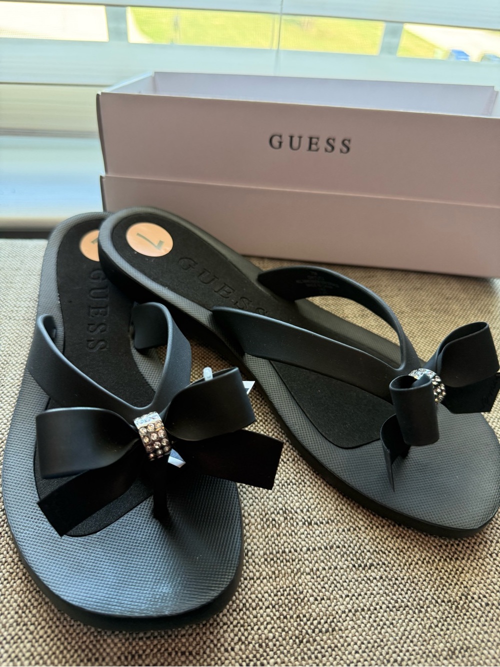 GUESS Black Bow Flip Flop Sandals with Rhinestone Detail